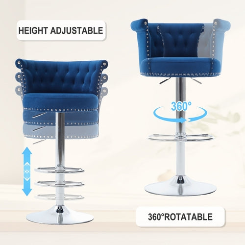 Velvet Bar Stool Set of 2, Adjustable Swivel Bar Stools with Silver