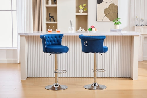 Velvet Bar Stool Set of 2, Adjustable Swivel Bar Stools with Silver